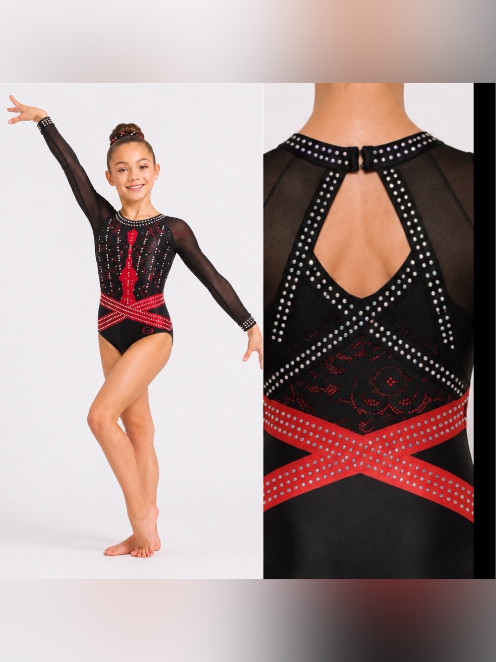 Ozone gymnastics red mesh competition 3/4 sleeve custom leotard rhinestone YM MC